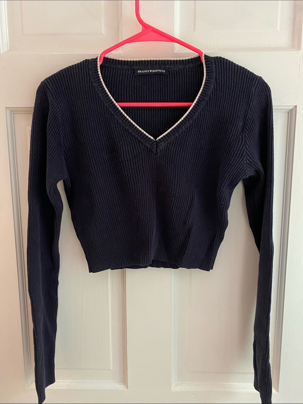 Brandy Melville Navy V-neck Cropped Knit Sweater | Size  XS